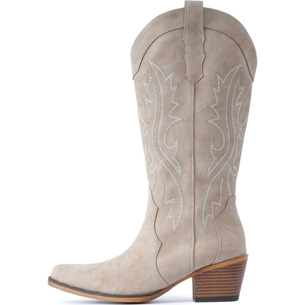 Women's Tan Chunky Heel Mid Calf Snip Toe Embroidery Western Elegance Boots - Picture 4 of 5